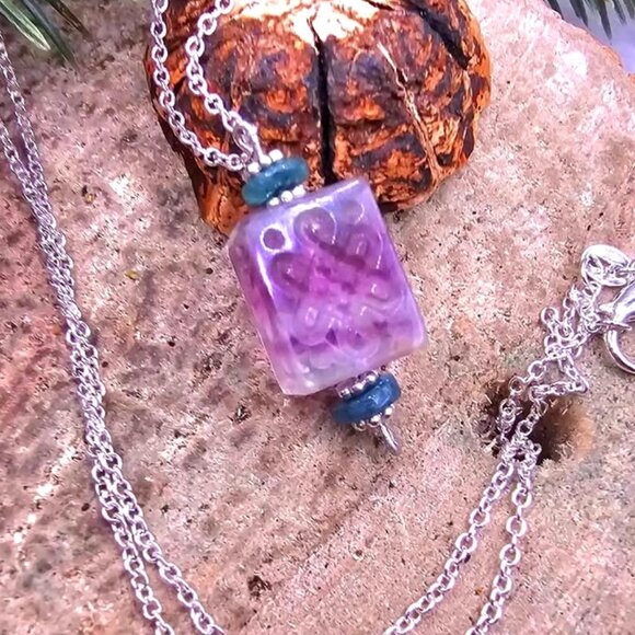 Nature Fluorite Carved Fret Symbols Cube Pendant Necklace - Picture 1 of 10